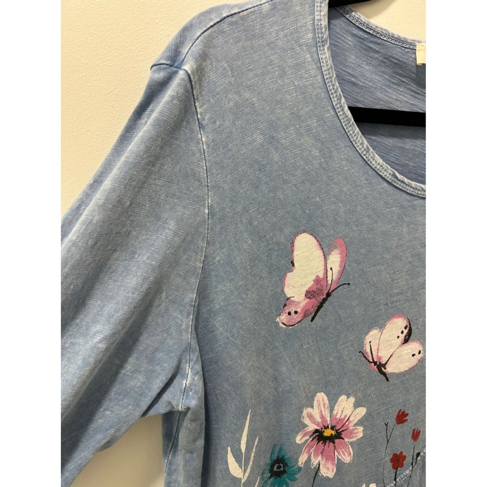 Jess & Jane Blue Mineral Wash Floral Butterfly Tunic Top XL Pocket Made in USA - Picture 4 of 10